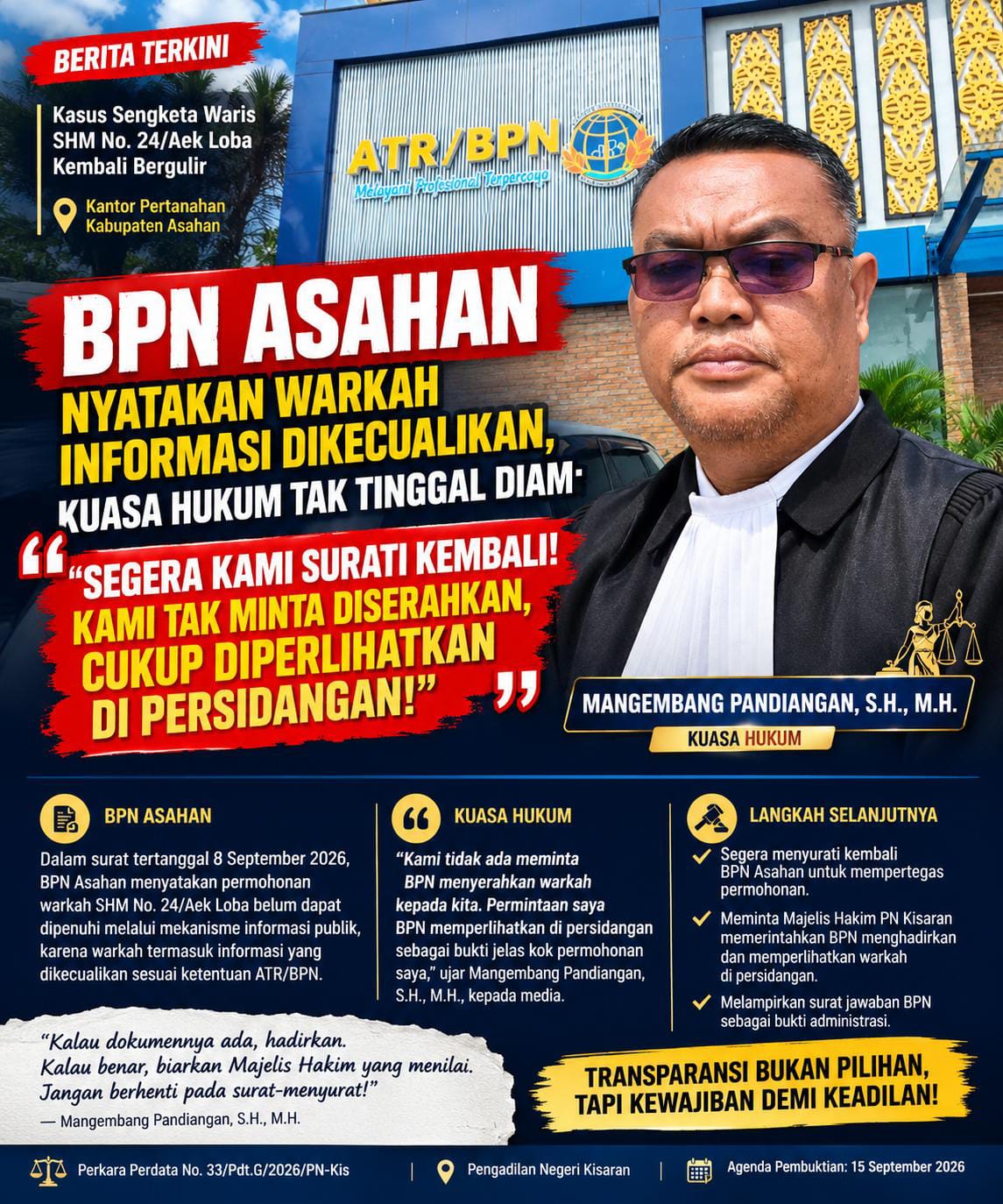Sengketa Tanah Aek Loba Memanas, Warkah SHM Nomor 24 Diminta Dibuka di PN Kisaran